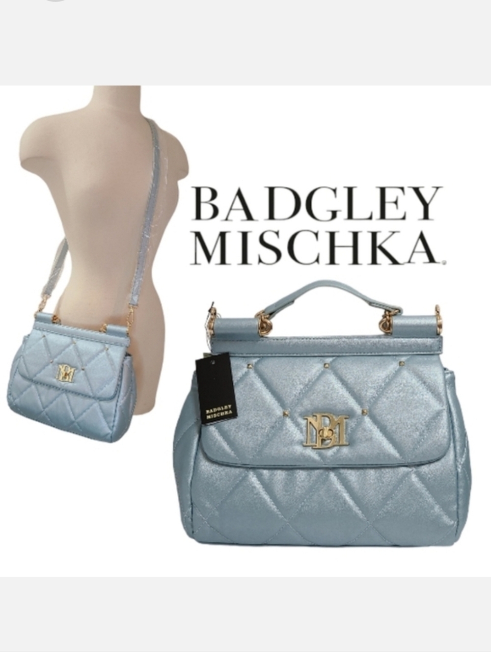 Badgley Mischka Big Diamond Quilted Studded Crossbody Bag   Metallic Blue NWT